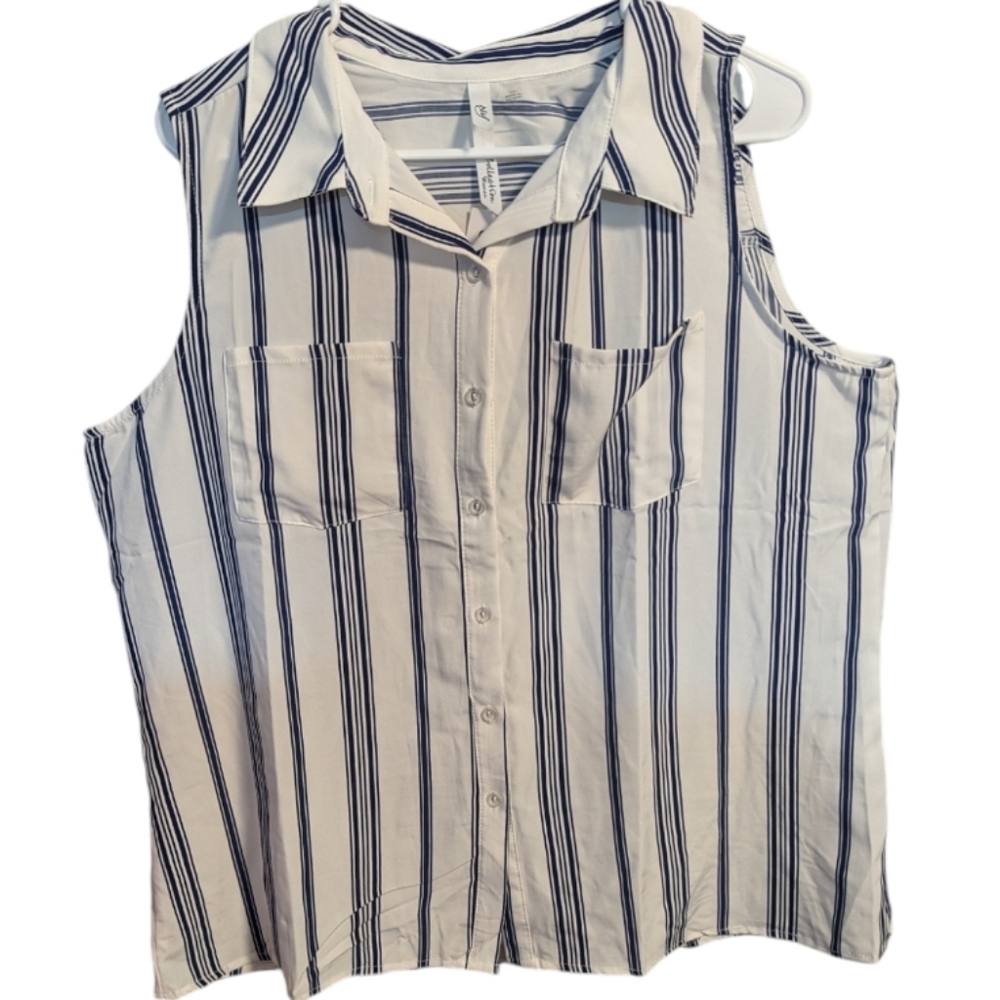 NY COLLECTIONS women'sSleeveless Button Down Shirt 2X collar stripes blue w-427 - Picture 2 of 6